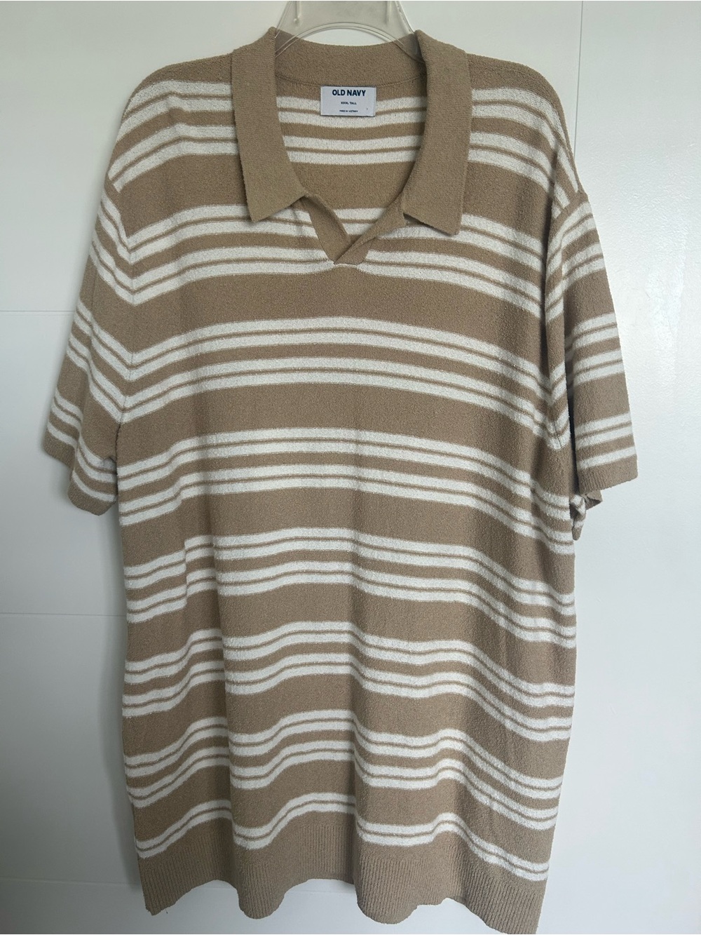 Old Navy Tan and White Striped Short-Sleeve Polo Sweater